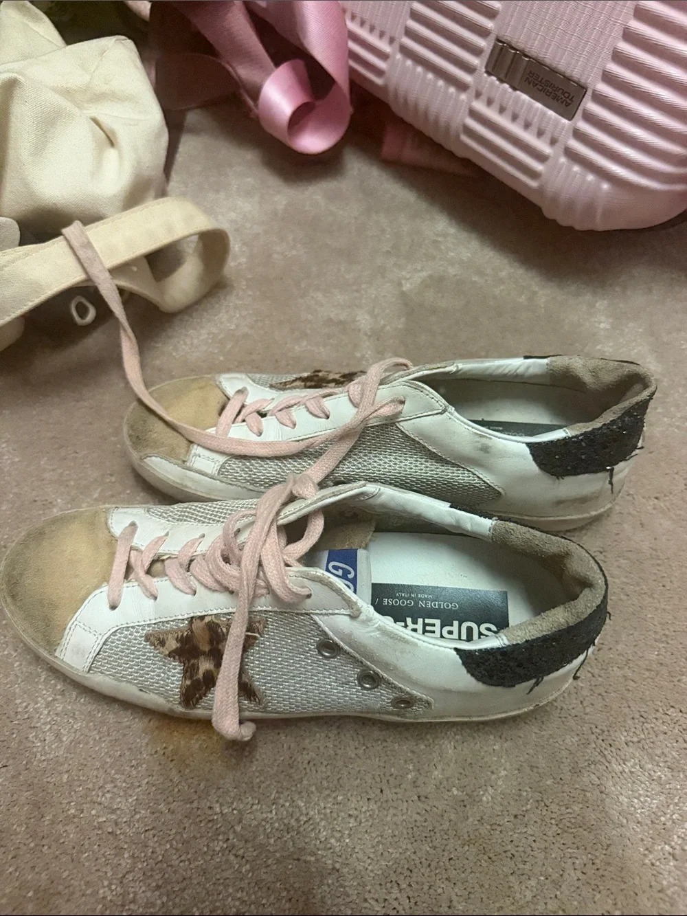 Golden Goose White Low-Top Sneakers with Pink Laces and Leopard Star